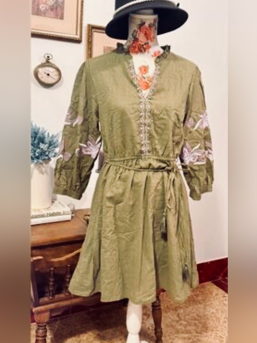 Boho Embroidered Tie Waist Midi Dress | Olive Green | Size Small